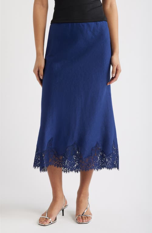 Reformation Carolina Lace Trim Linen Midi Skirt in Danube at Nordstrom, Size Small