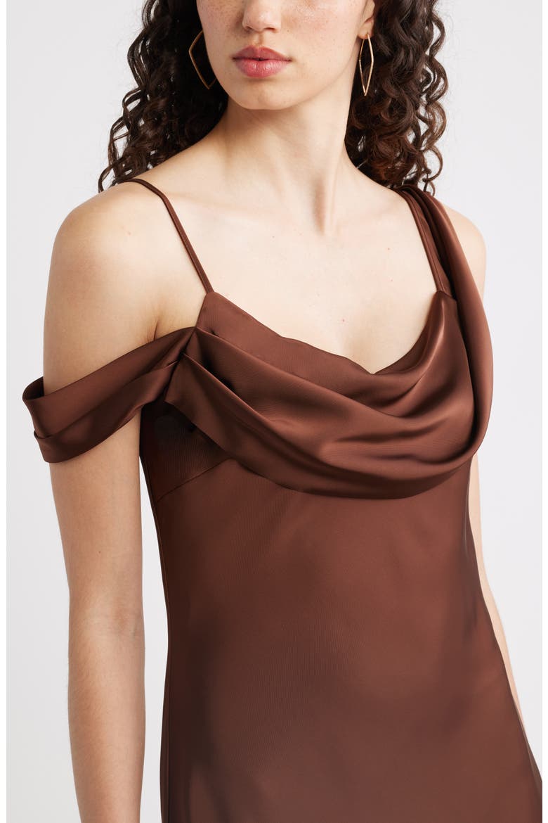 Off the Shoulder Satin Maxi Dress, Alternate, color, BROWN BITTER