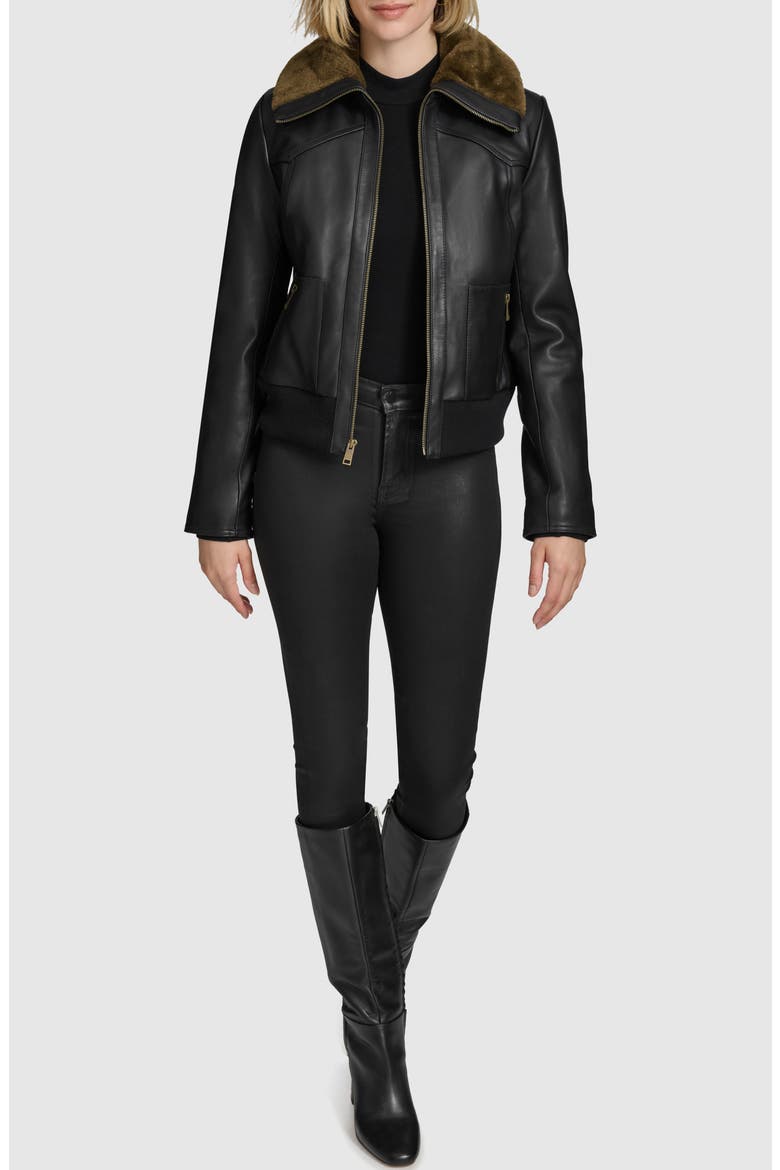 Evie Leather Jacket with Faux Fur Collar, Alternate, color, BLACK