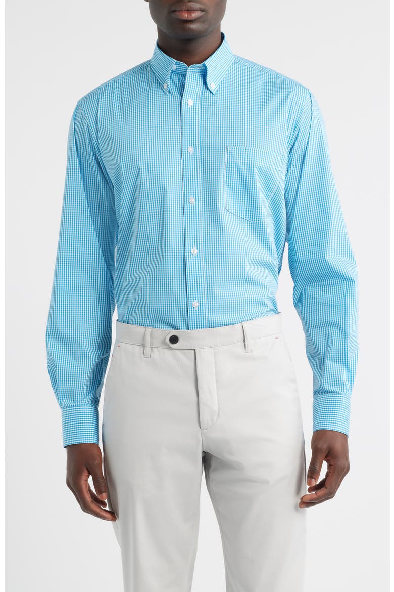Regular Fit Teal Gingham Check Cotton Button-Down Oxford Shirt, Main, color, TEAL