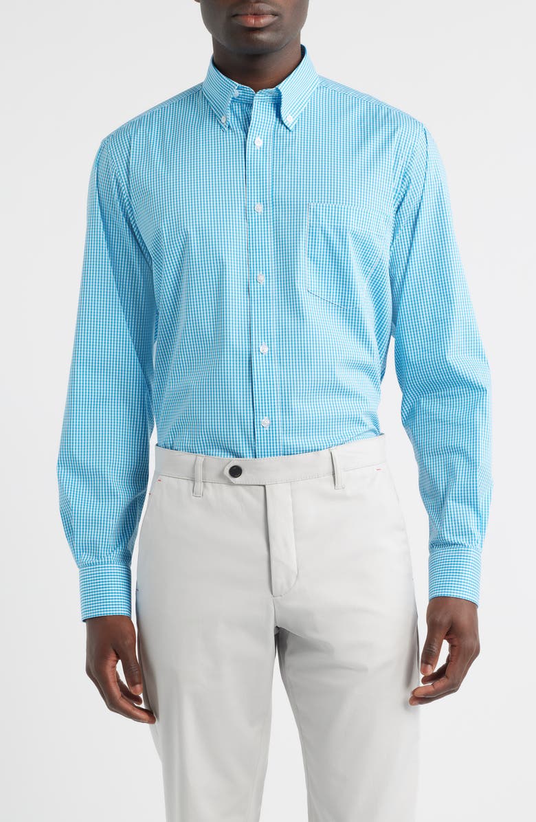Roffe Accessories Eagle Regular Fit Teal Gingham Check Cotton Button-Down Oxford Shirt, Main, color, 