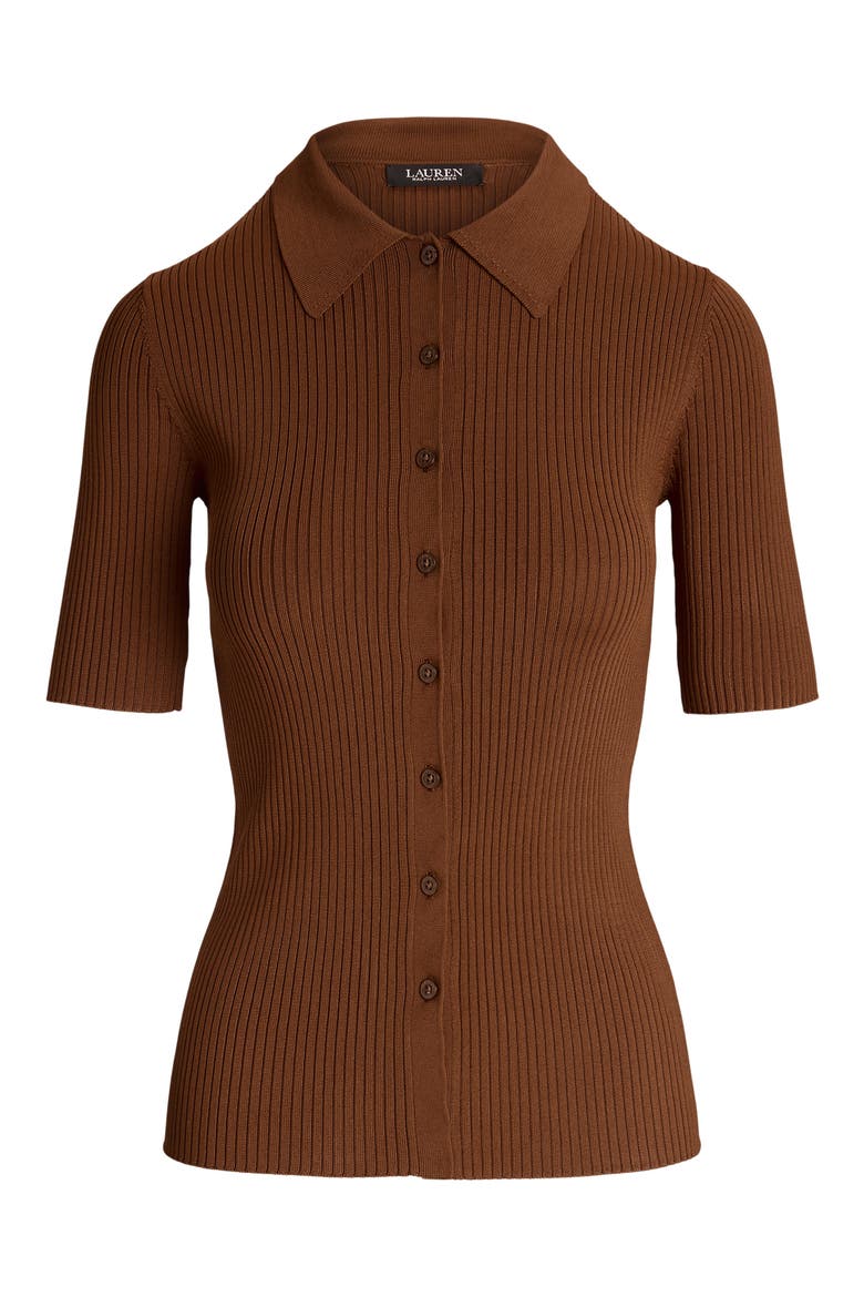 Rib Knit Elbow Sleeve Polo Cardigan, Alternate, color, DARK TERRACOTTA