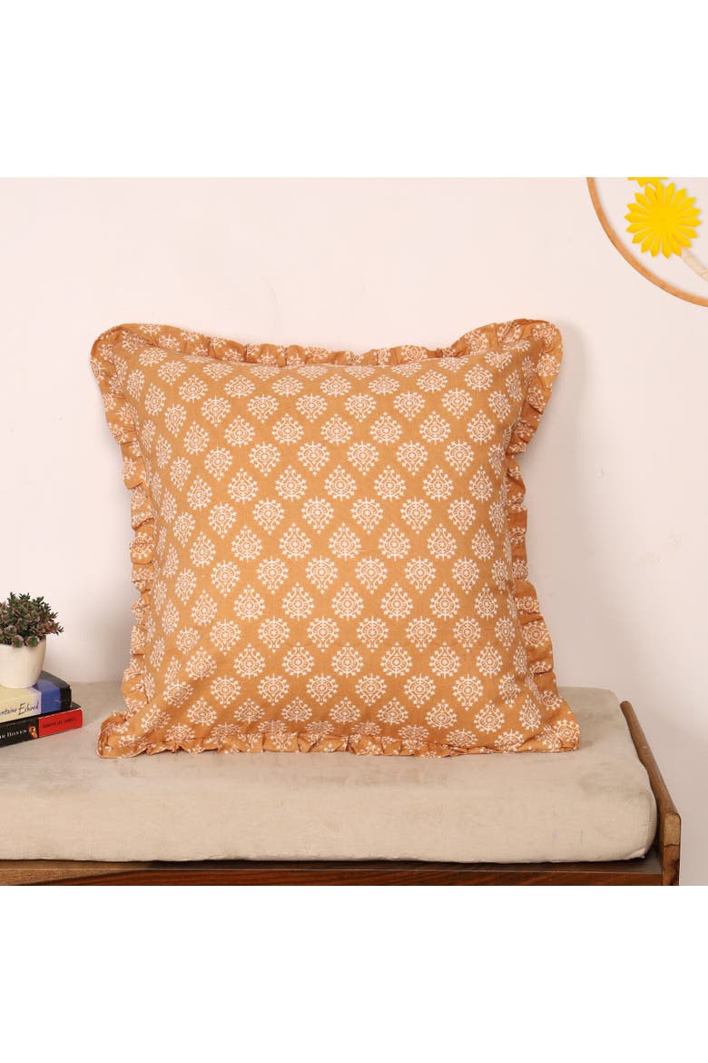 Block-Printed Pillow Cover with Ruffled Cotton and Hidden Zipper, Alternate, color, Marigold Honey