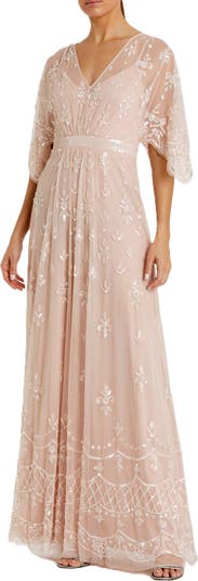 V Neck Flutter Sleeve Embellished Mesh Gown