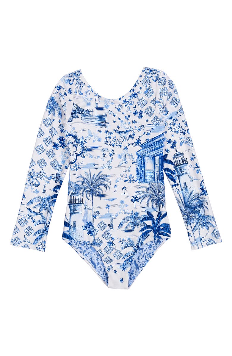 Agua Bendita Kids' Honey Tales Long Sleeve One-Piece Rashguard Swimsuit, Main, color, Blue