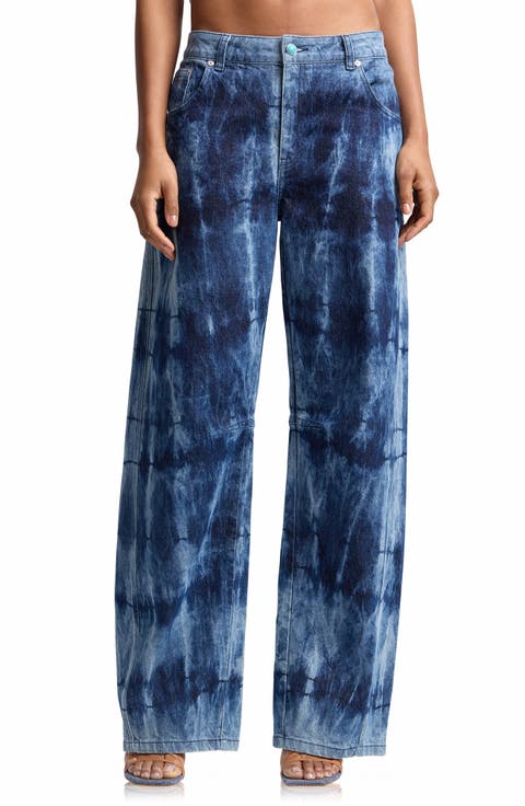 Tie Dye Mid Rise Curved Wide Leg Jeans