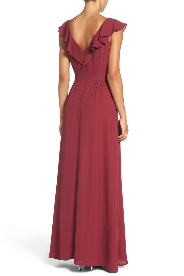 by Lauren Conrad Print Crepe Ruffle V-Neck Gown, Alternate, color, SPICED WINE