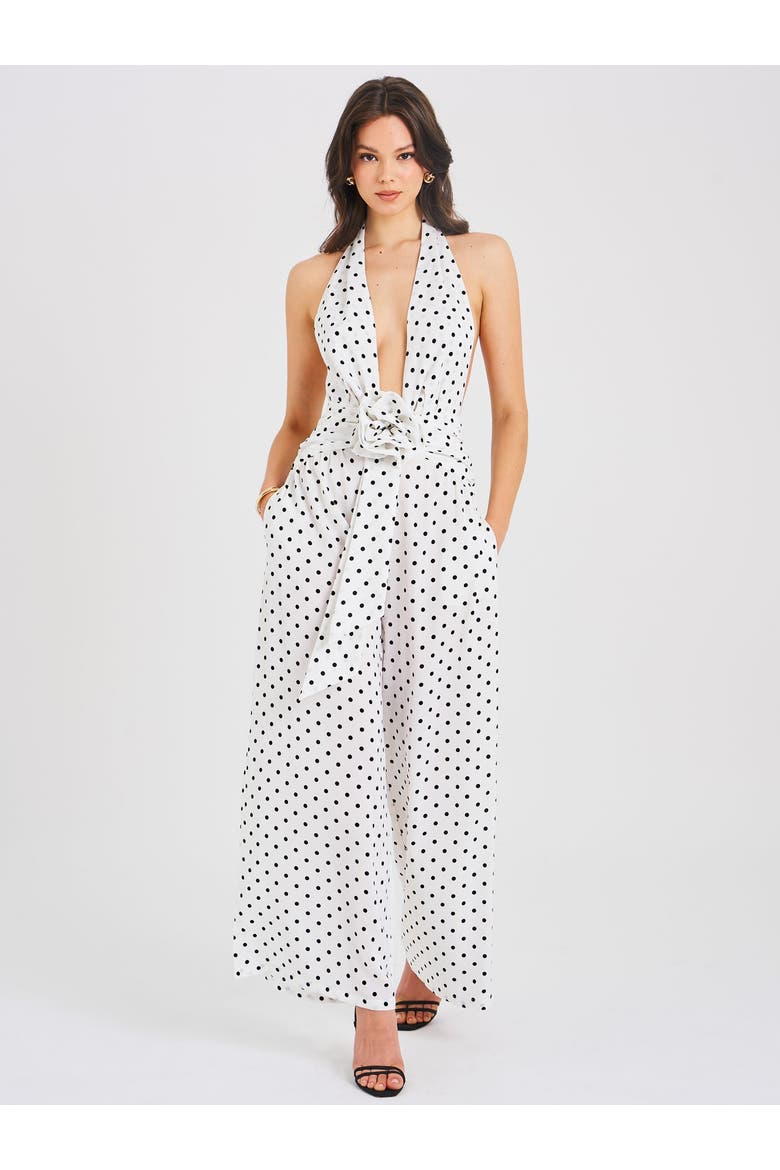 Oriana Halter Backless Polka Dot Jumpsuit, Alternate, color, White