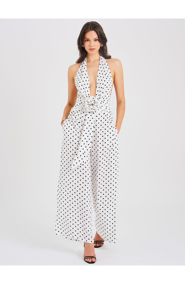 Miss Circle Oriana Halter Backless Polka Dot Jumpsuit, Alternate, color, White