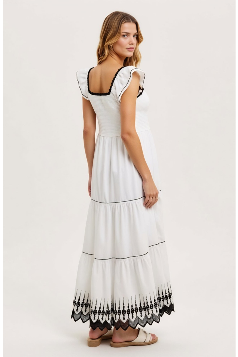 Smocked Bodice Tiered Flutter Sleeve Embroidered Hem Maxi Dress, Alternate, color, White / Black Trim