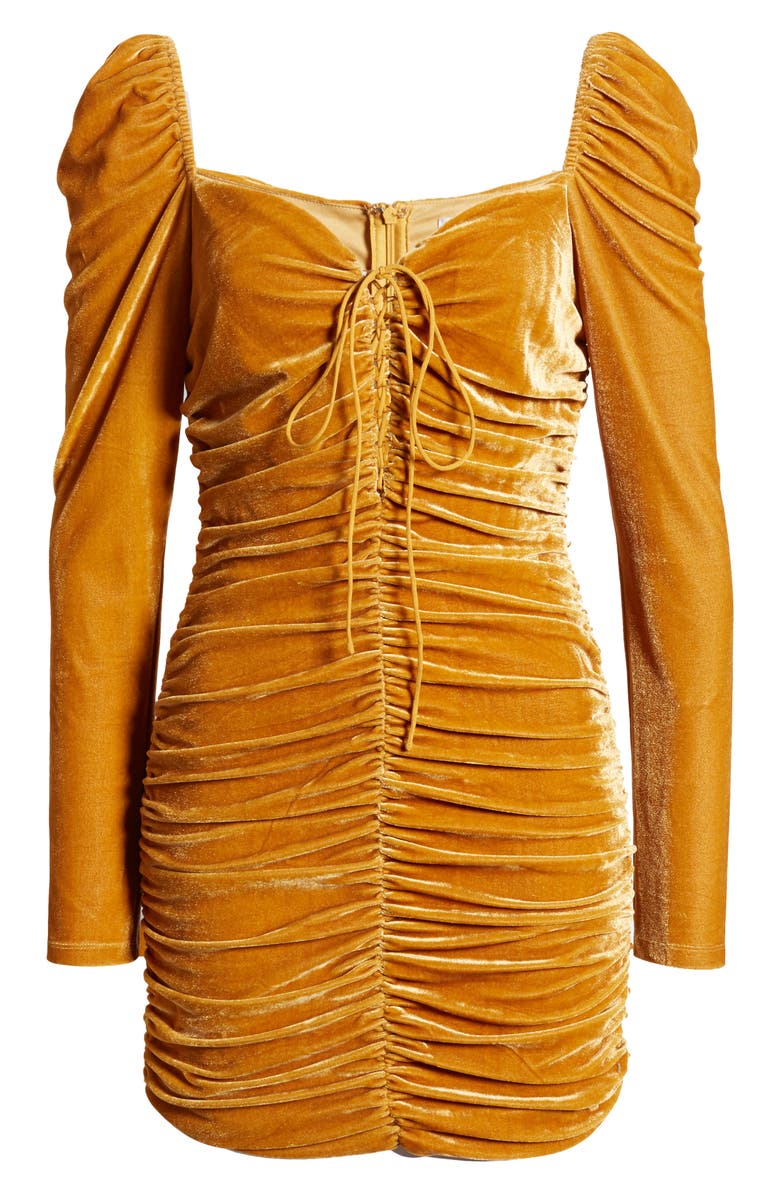 Endless Rose Ruched Long Sleeve Velvet body-Con Dress, Alternate, color, Yellow