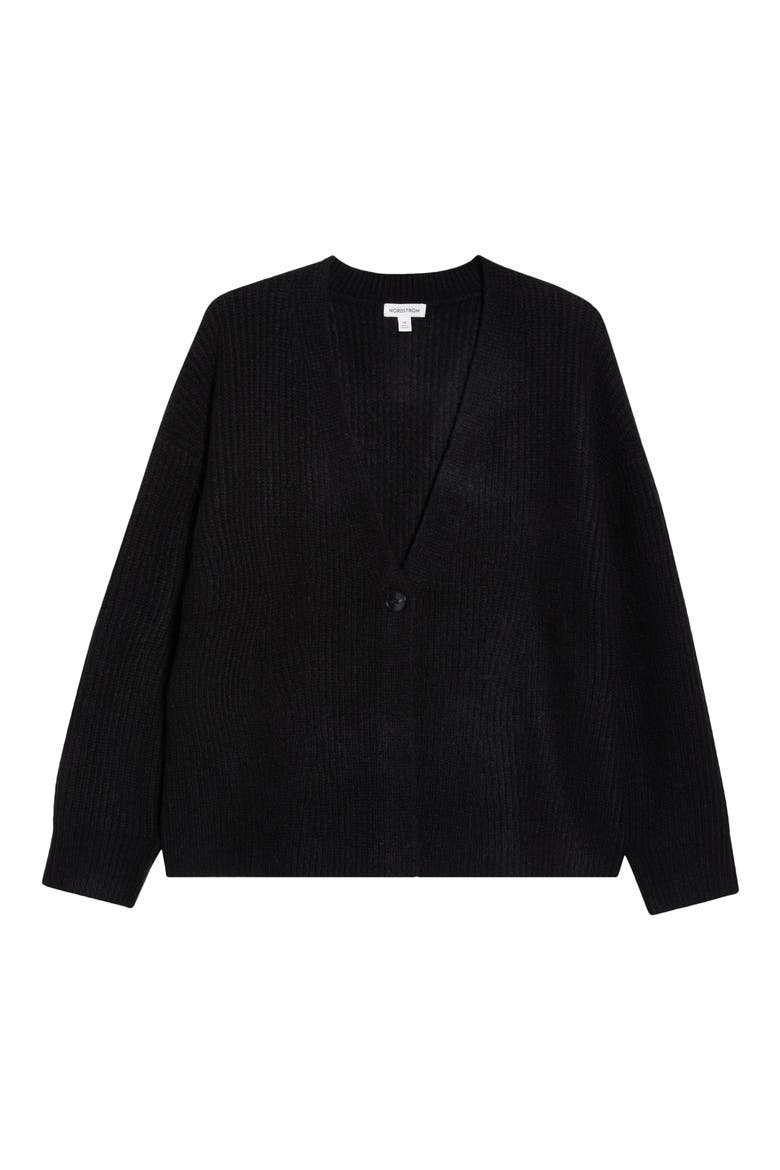 One-Button V-Neck Rib Cardigan, Alternate, color, BLACK ROCK