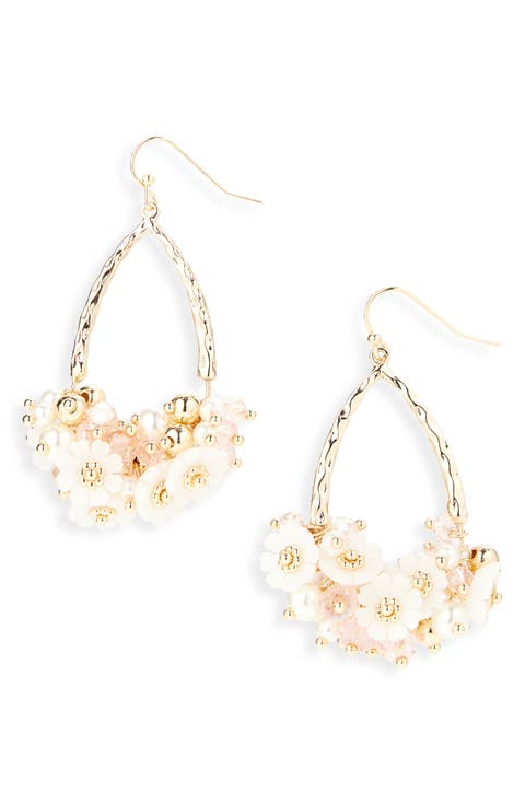 Beaded Flower & Faux Pearl Cluster Teardrop Earrings