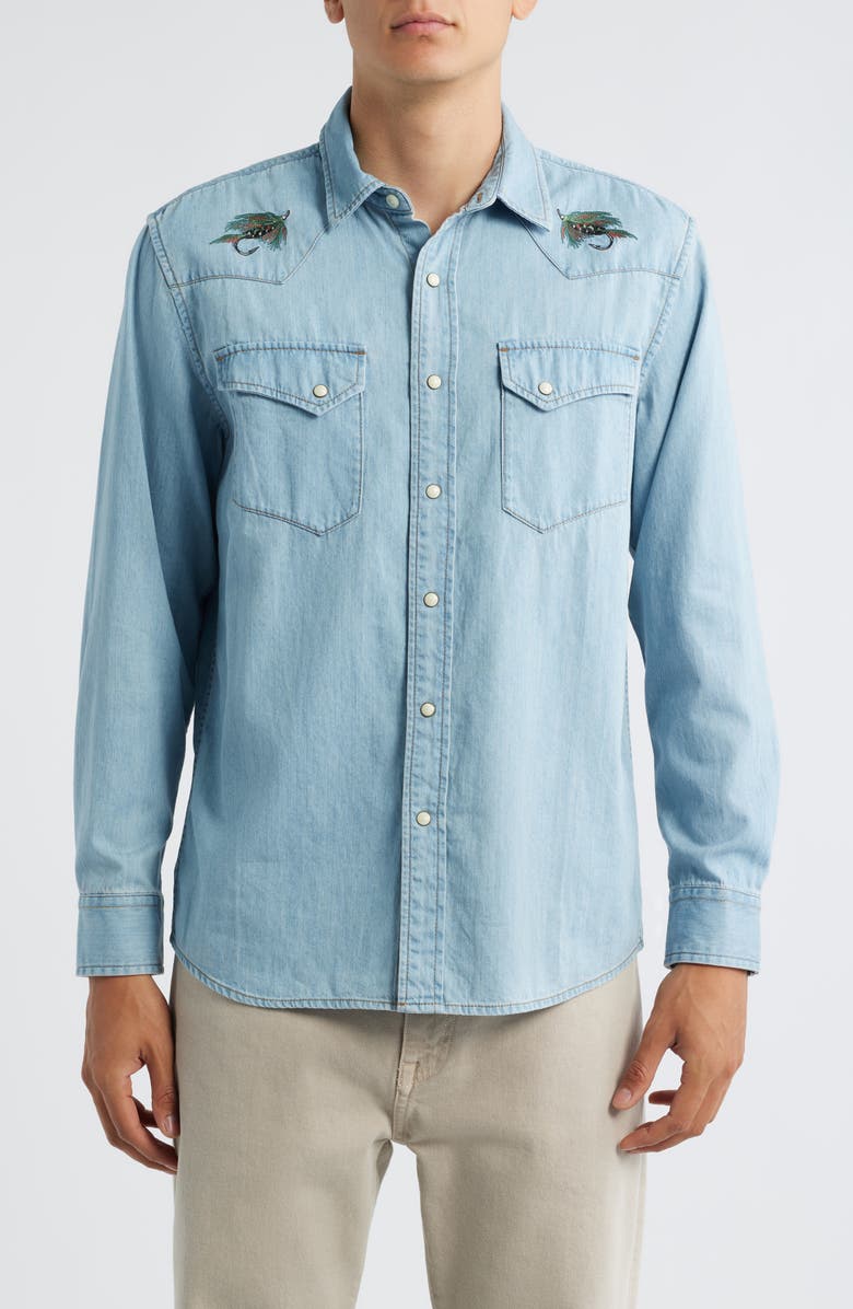 Pendleton Gambler Embroidered Snap-Up Chambray Shirt, Main, color, Light Denim/ Salmon