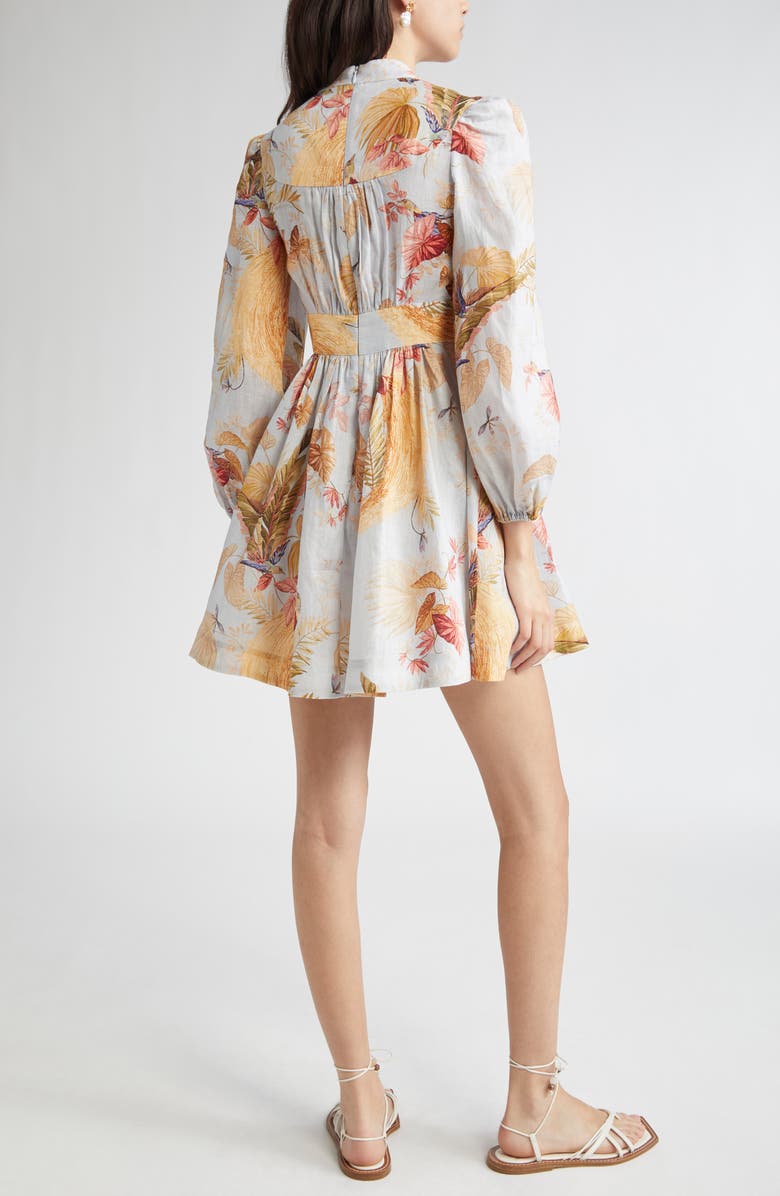 Zimmermann Ascension Floral Long Sleeve Linen Minidress, Alternate, color, Light Blue Palm Floral