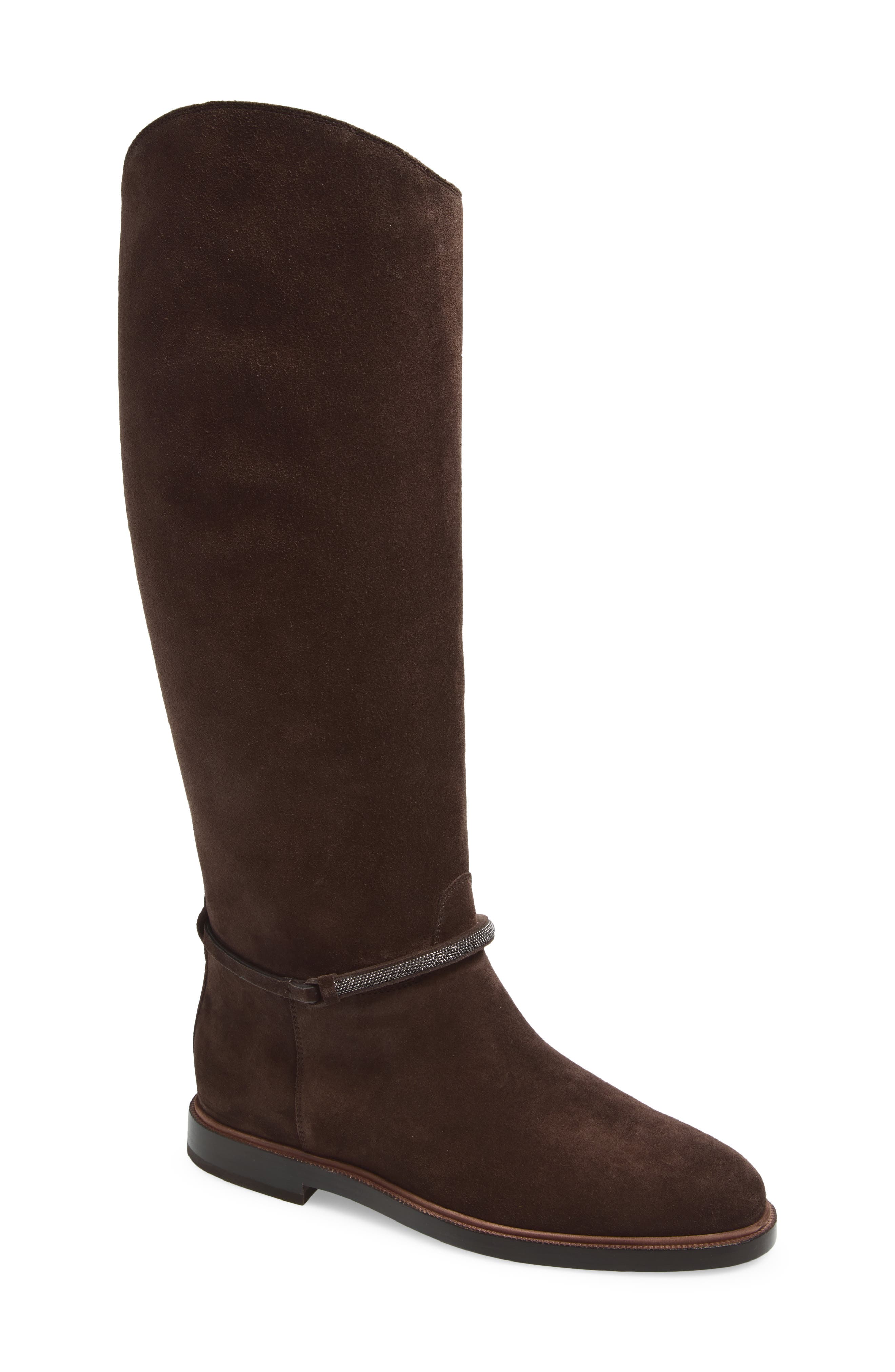 Brunello Cucinelli Monili Trim Tall Suede Riding Boot, Main, color, C9795 Pepper
