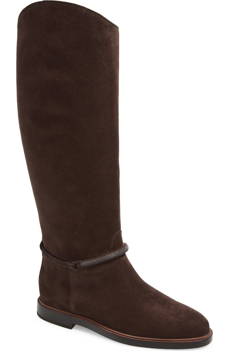 Brunello Cucinelli Monili Trim Tall Suede Riding Boot, Main, color, C9795 Pepper