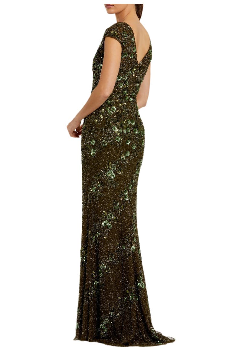 Mac Duggal Beaded High Neck Cap Sleeve Column Gown, Alternate, color, Olive