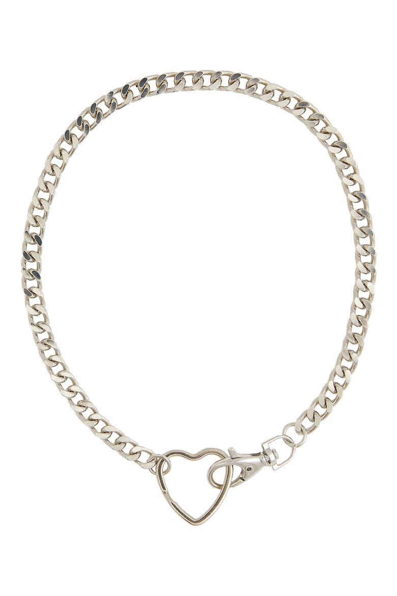 Jena Heart Pendant Curb Chain Necklace, Main, color, SILVER