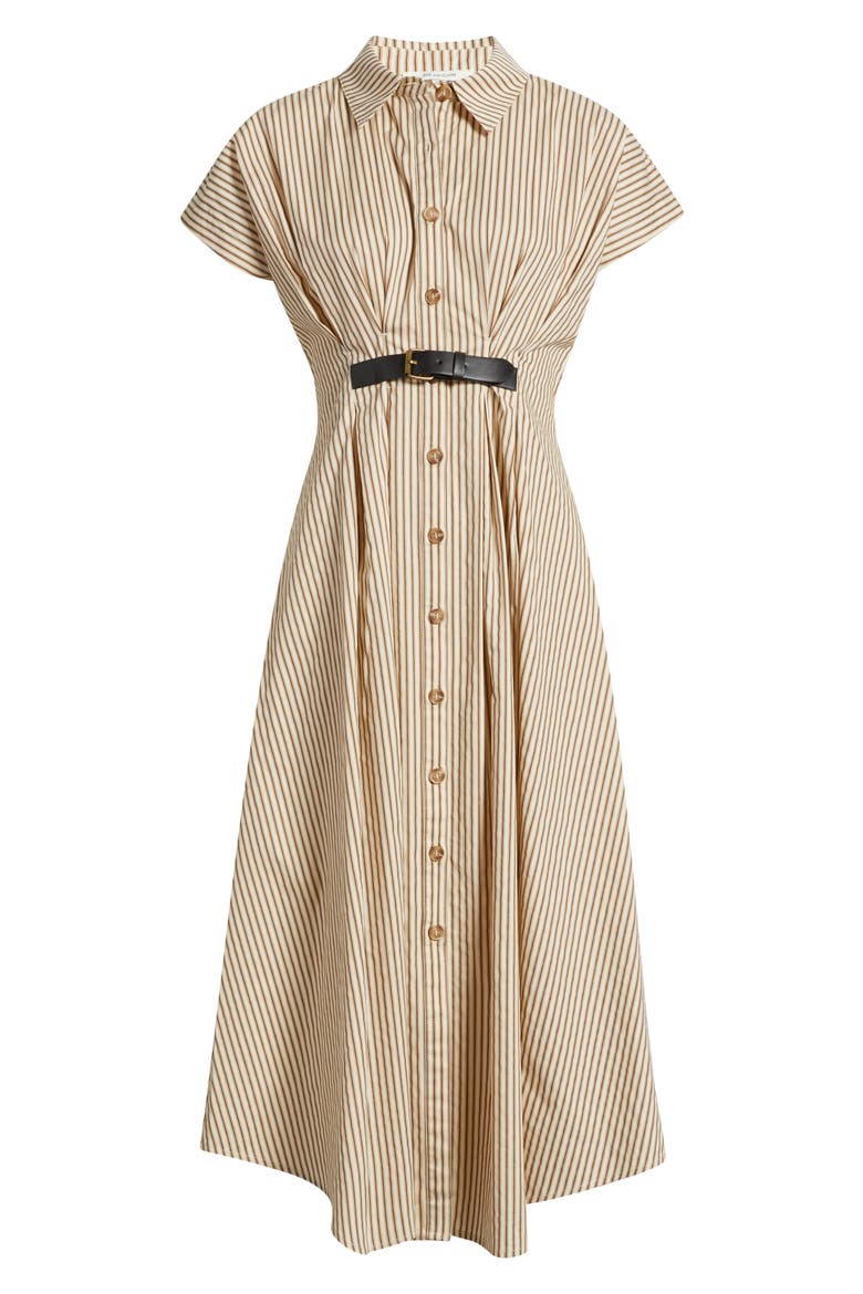 Stripe Belted Detail Cotton Shirtdress, Alternate, color, BROWN