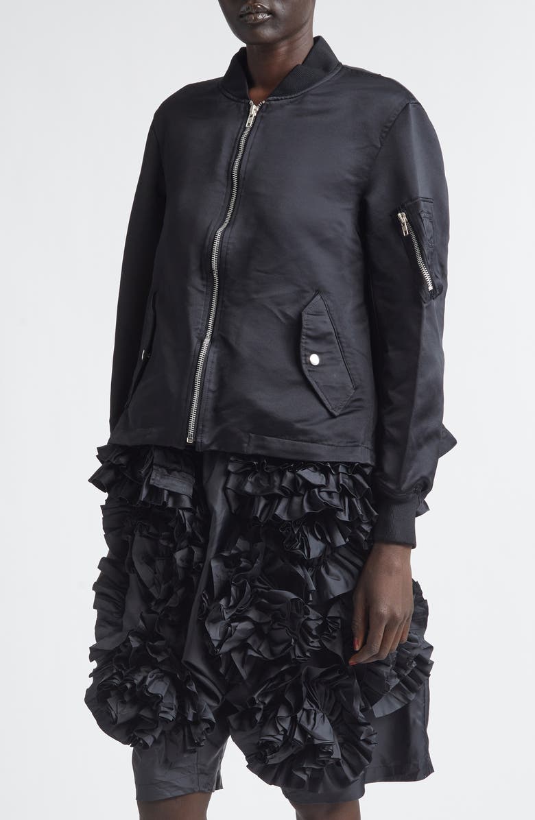 Comme des Garçons Comme des Garçons Ruffle Hem Satin Bomber Jacket, Main, color, Black