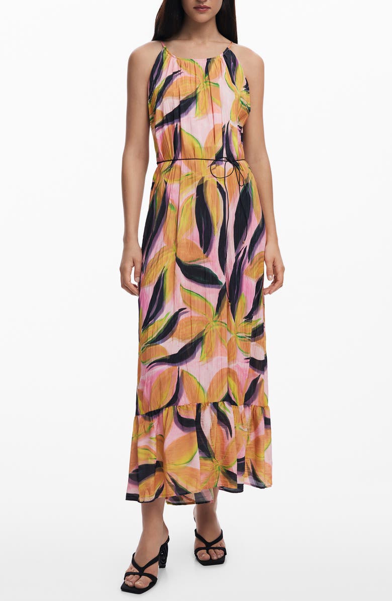 Desigual Floral Crinkled Midi Sundress, Main, color, Pink