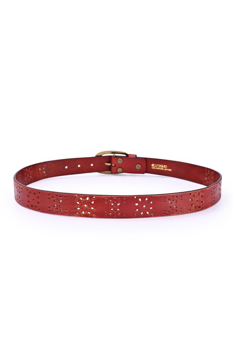 Blooming Genuine Leather Perforated Floral Vintage Belt, Alternate, color, Cognac