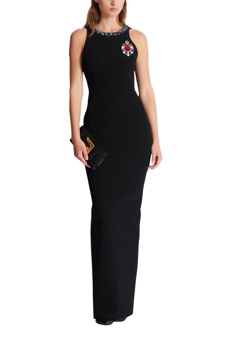 Long sleeveless dress in embroidered velvet, Alternate, color, black