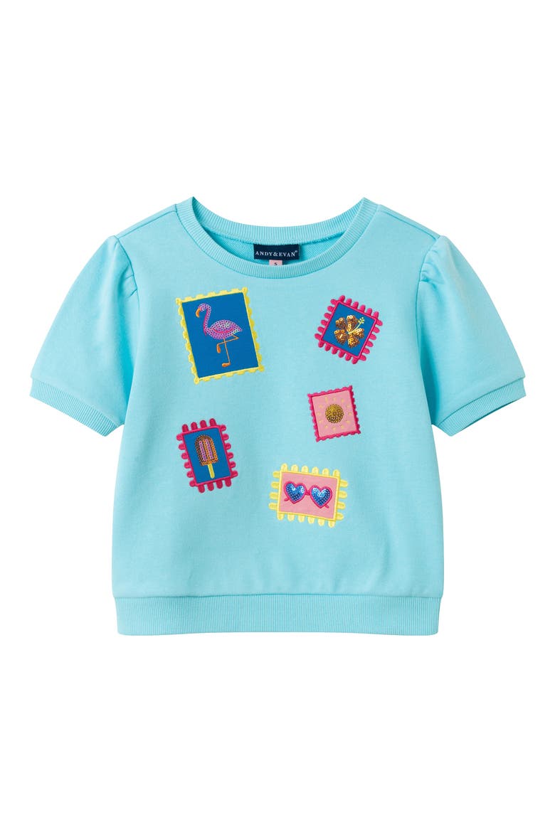 Kids' French Terry Graphic Top & Shorts Set, Alternate, color, AQUA VACATION