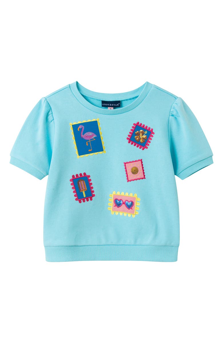 Andy & Evan Kids' French Terry Graphic Top & Shorts Set, Alternate, color, Aqua Vacation