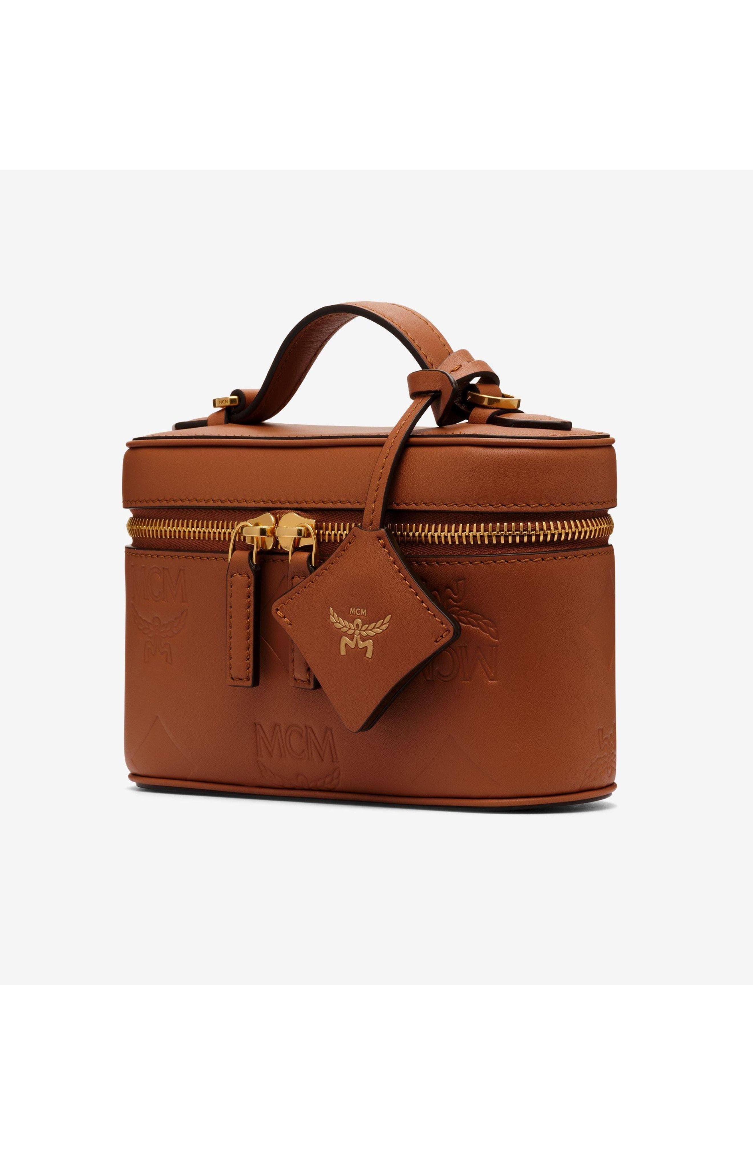 MCM Mini Aren Vanity Case in Maxi Monogram Leather, Alternate, color, Mocha Bisque