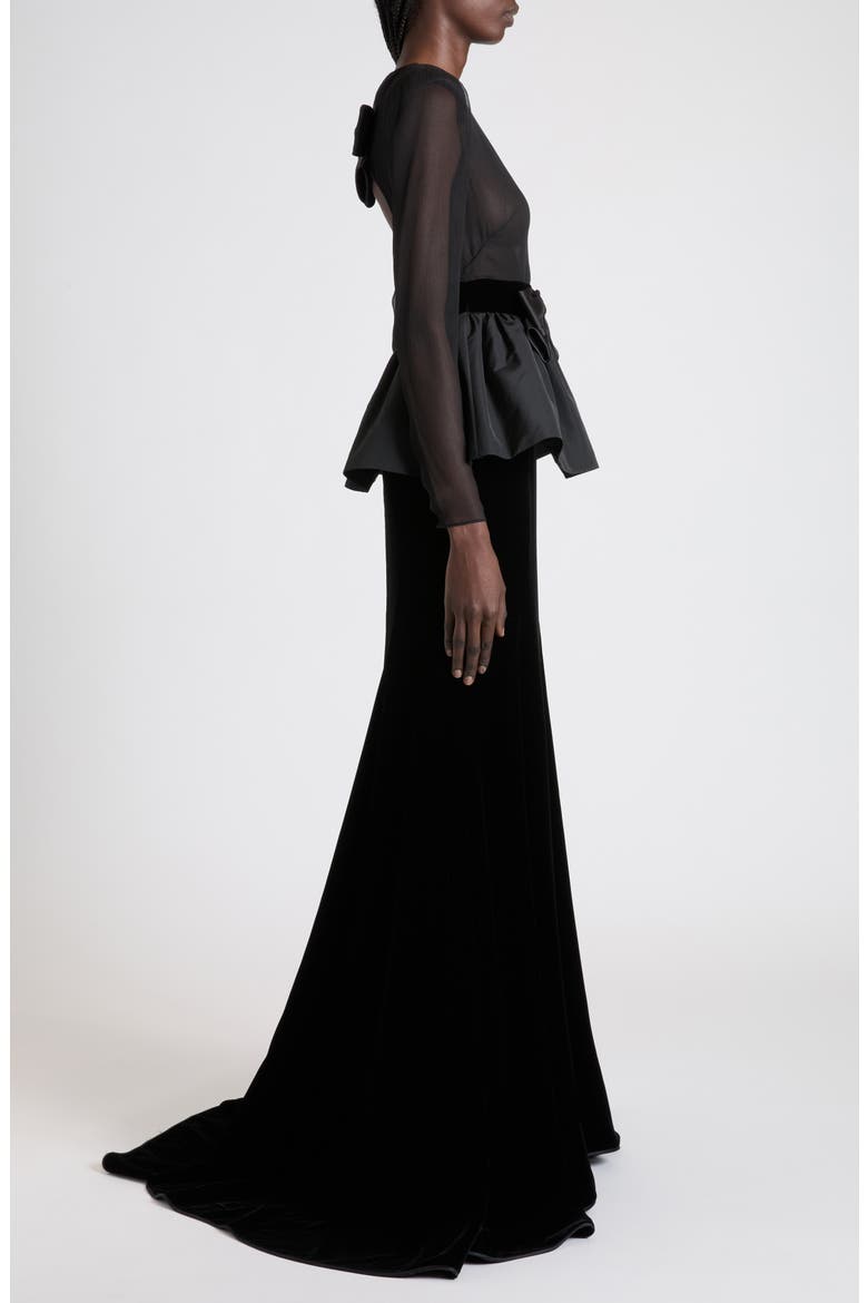 Bow Detail Long Sleeve Chiffon, Faille & Sablé Velvet Gown, Alternate, color, BLACK