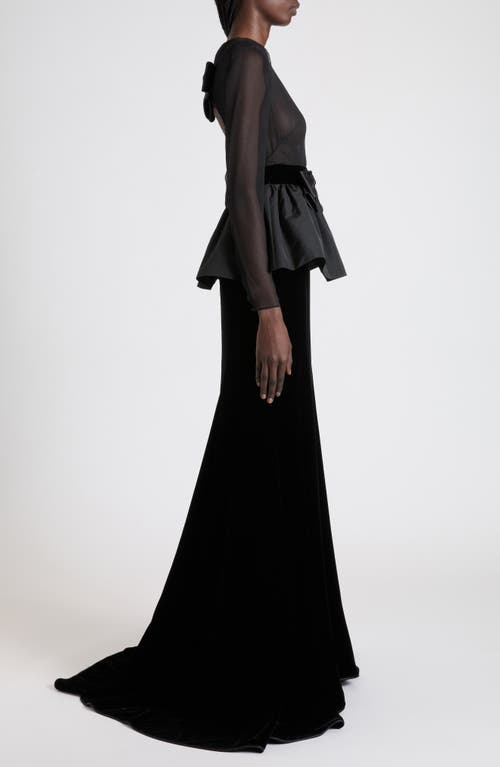 Valentino Bow Detail Long Sleeve Chiffon, Faille & Sablé Velvet Gown In Black