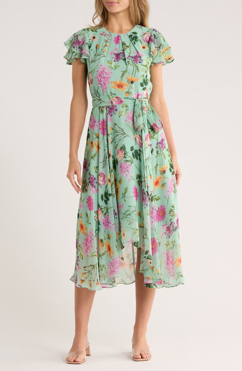 Eliza J Floral Short Sleeve Chiffon High-Low Dress, Main, color, Sage