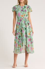 Eliza J Floral Short Sleeve Chiffon High-Low Dress