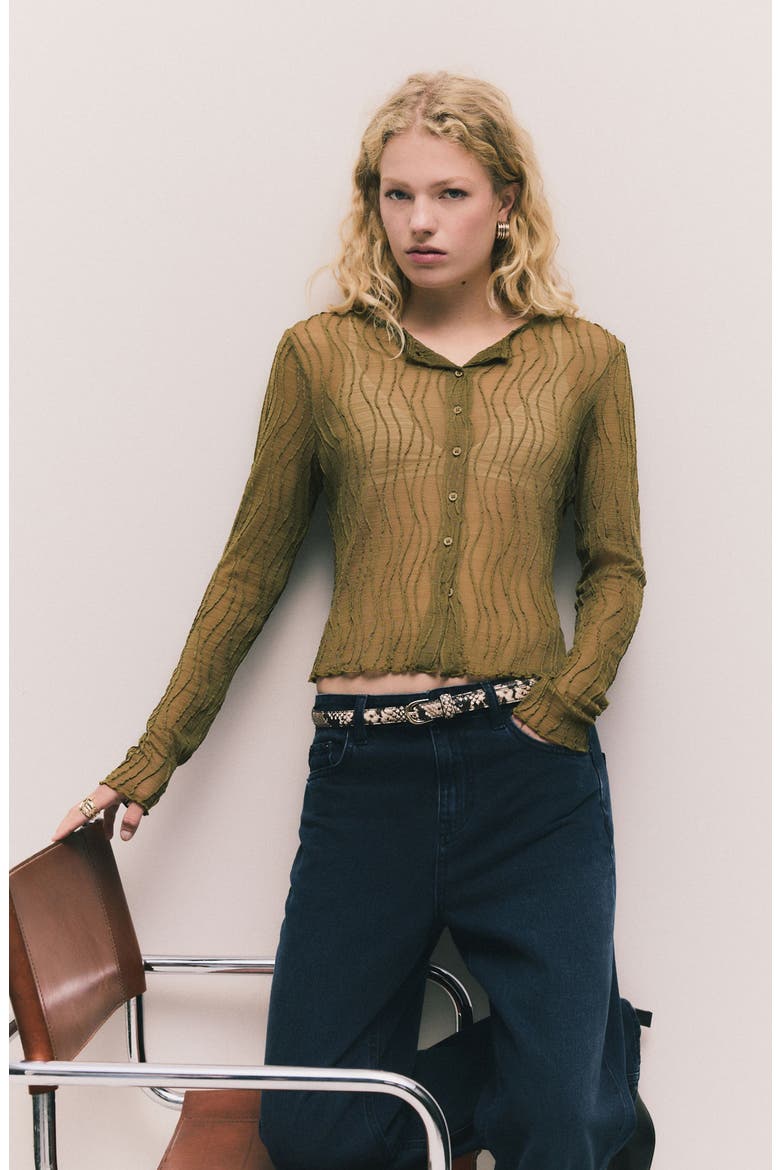 Wavy Pintuck Pleat Mesh Button-Up Top, Alternate, color, GREEN