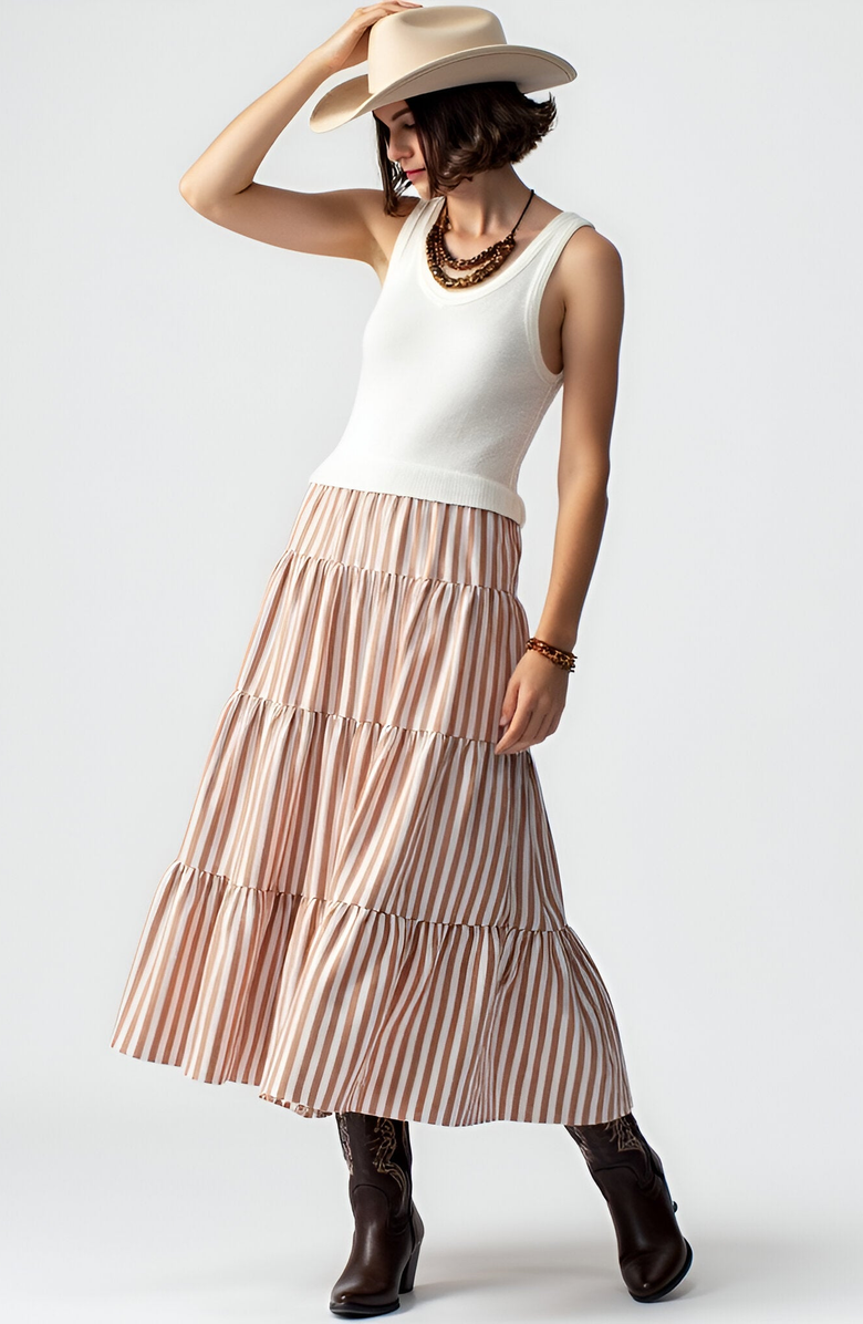 Modenaire Striped Tiered A-Line Maxi Skirt with Elastic Waist and Soft Drape, Alternate, color, 