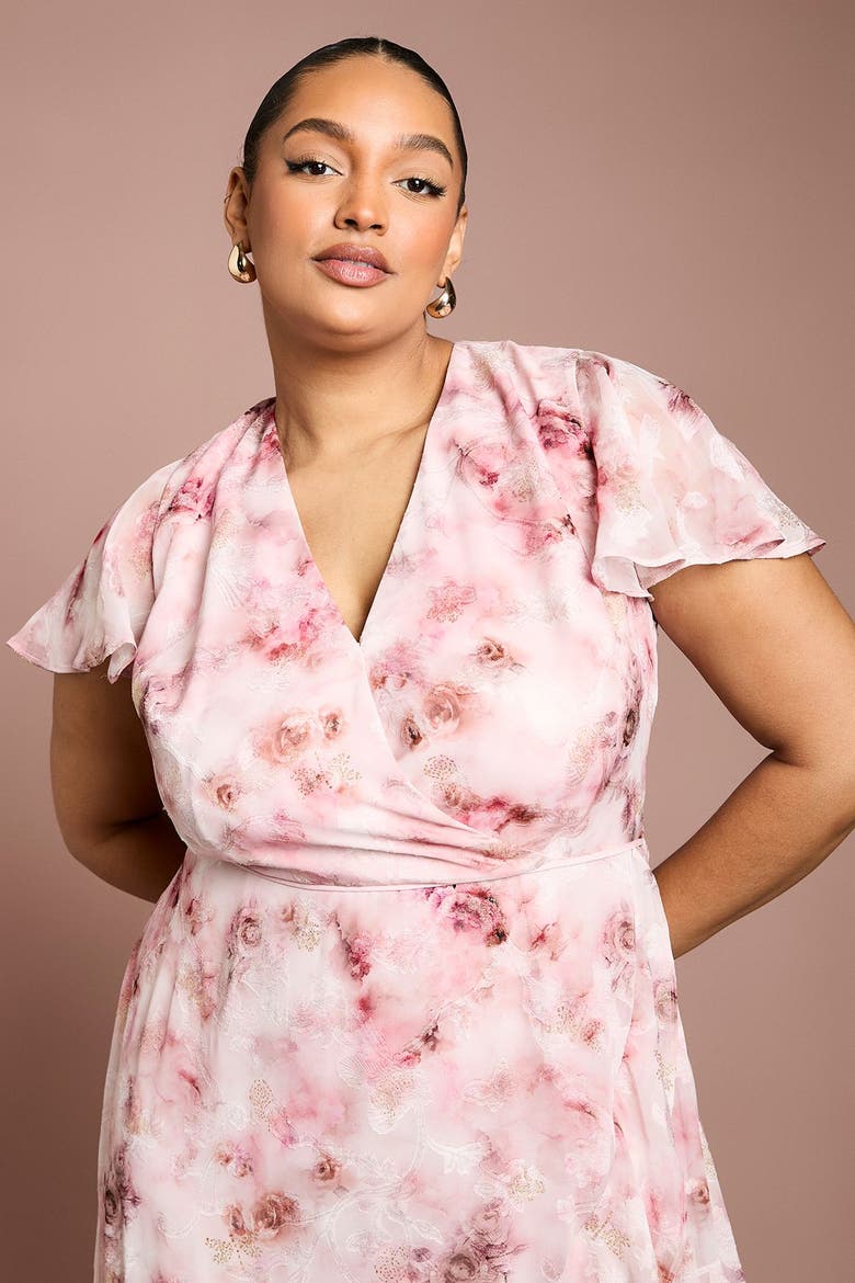 Plus Satin Floral Wrap Midi Dress, Alternate, color, Pink