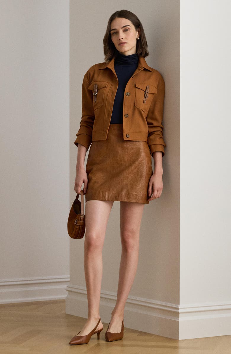 Lauren Ralph Lauren Croc Embossed Lambskin Leather Miniskirt, Alternate, color, Cuoio