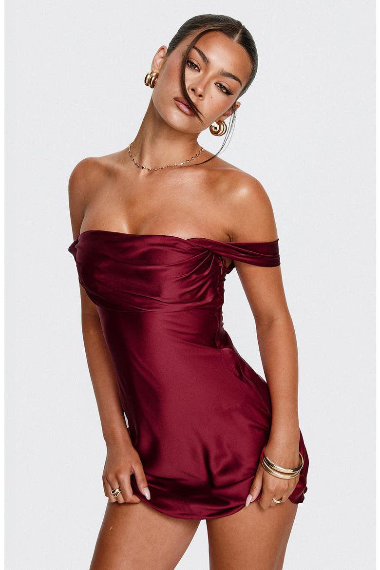 Zabbarra Off the Shoulder Satin Minidress, Alternate, color, BURGUNDY