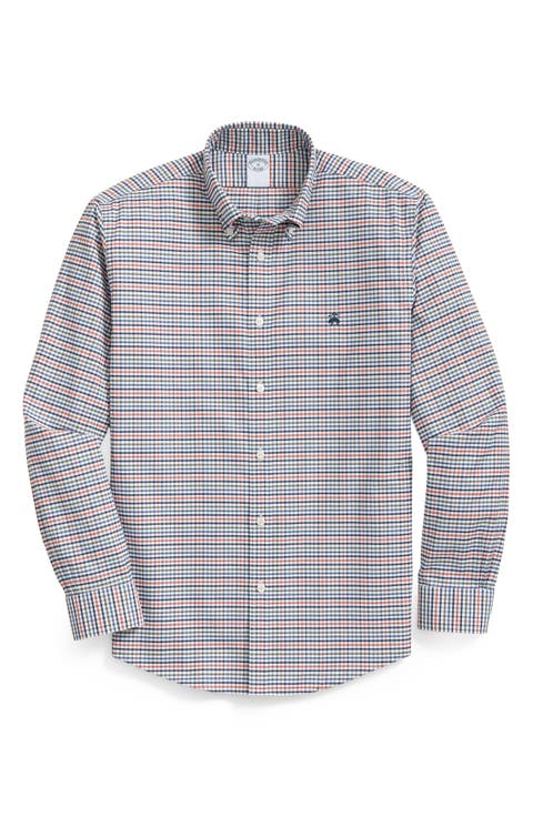 Gingham Check Wrinkle Resistant Stretch Cotton Button-Down Shirt