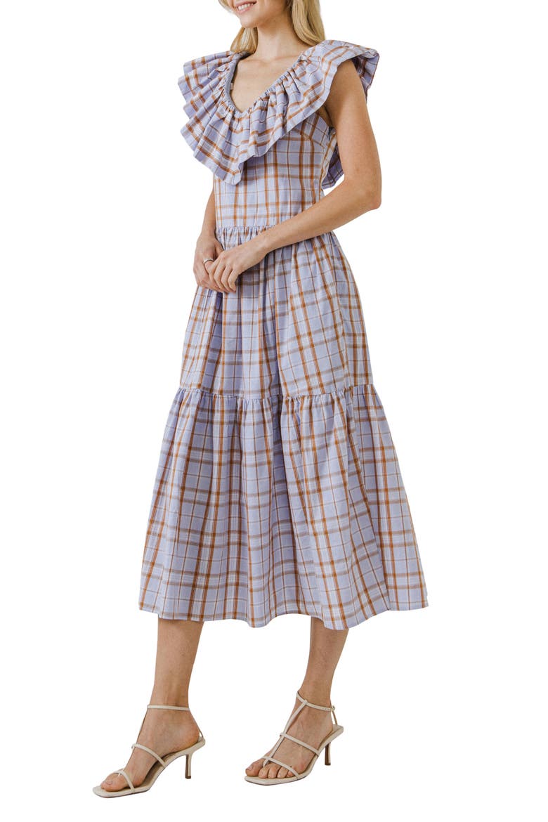 Plaid Ruffle Cotton Dress, Alternate, color, PURPLE