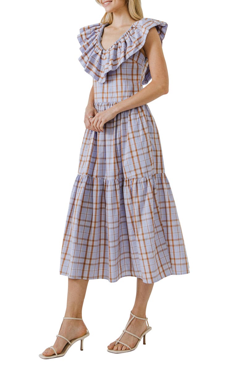 English Factory Plaid Ruffle Cotton Dress, Alternate, color, Purple