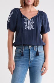 Lucky Brand Embroidered Cotton Gauze Top