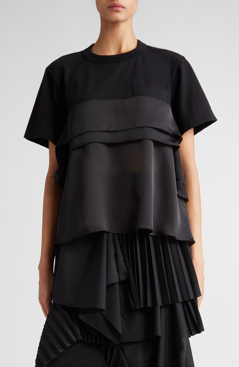 Sacai Tiered Mixed Media Satin & Cotton Jersey T-Shirt, Main, color,