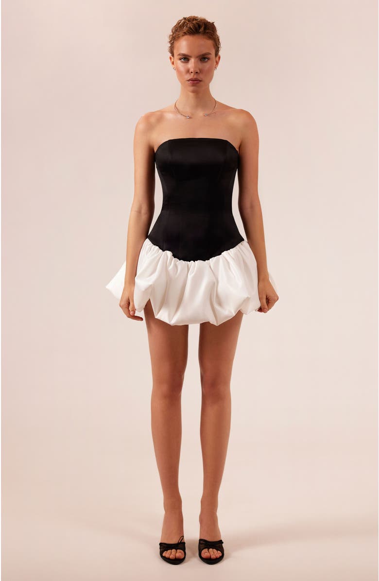 Milla Strapless Corset Formal Mini Dress with Pearl Chain in Black & White, Main, color, Black