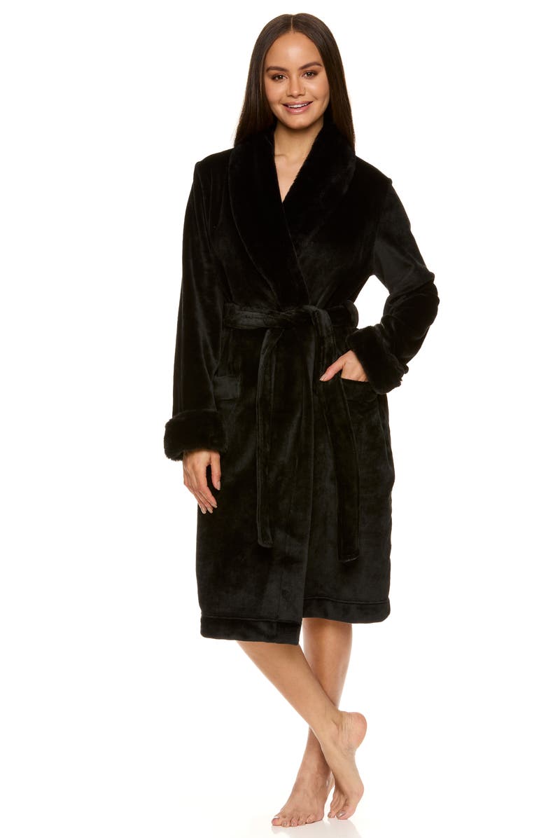 Tahari Plush Velour Robe with Faux Fur Trim, Alternate, color, Black