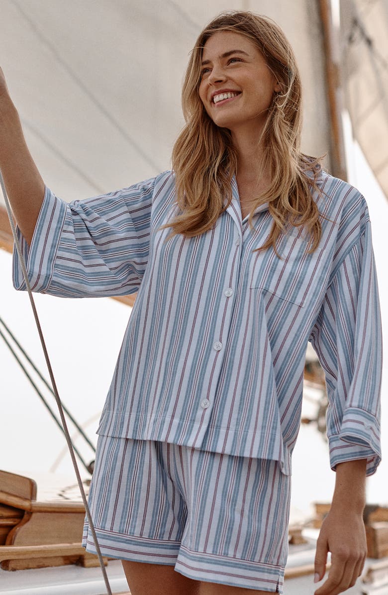 Petite Plume Olivia Stripe Pima Cotton Short Pajamas, Alternate, color, Blue