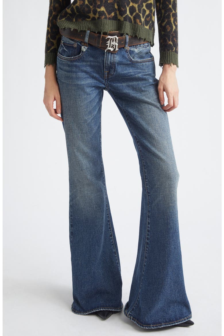 Overflow Boyfriend Flare Jeans, Main, color, MIRE BLUE STRETCH
