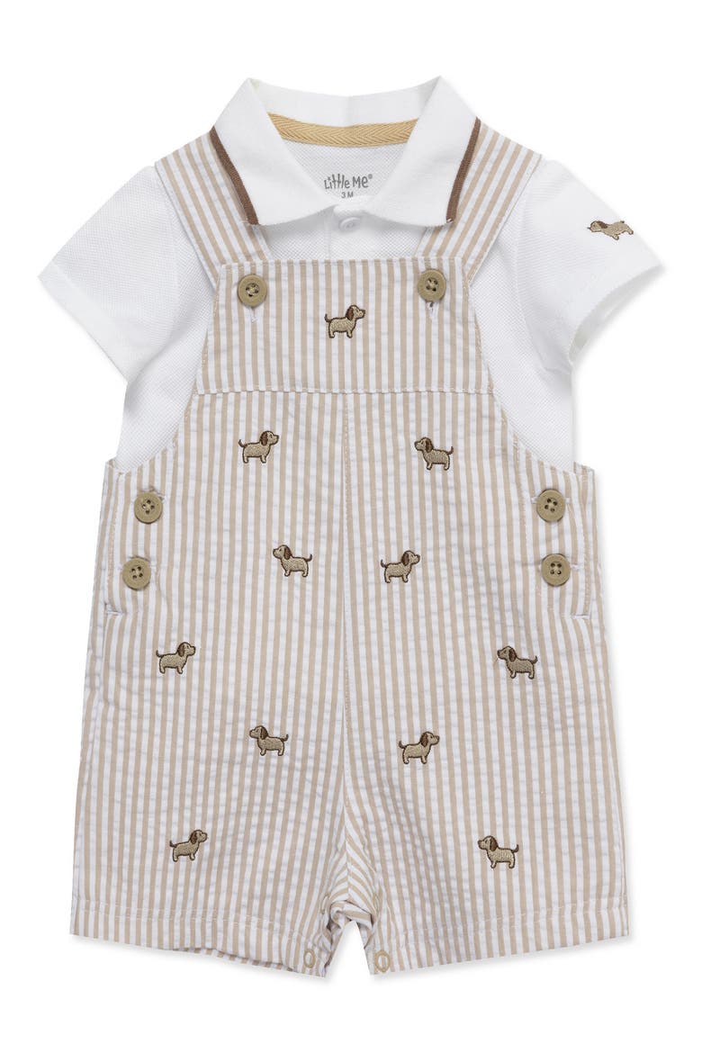 Puppies Cotton Polo & Seersucker Overalls Set, Alternate, color, TAN